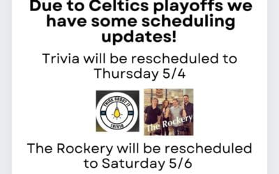 Happy Wednesday! Some updates on our events this week… Trivia now Thursday 5/4! The Rockery now Sat 5/6! Thank you for understanding & as always please call ahead with takeout or large groups! #moodyst #celtics #livemusic #trivia